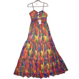 LORAGAL NWT M Dress Rainbow Feather Print Cutout HalterTieredGown Sexy Beach Zip